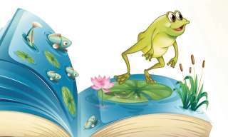 Illustration eines Buches, das aus Wasser zu bestehen scheint. Ein Frosch hüpft aus diesem Buch.